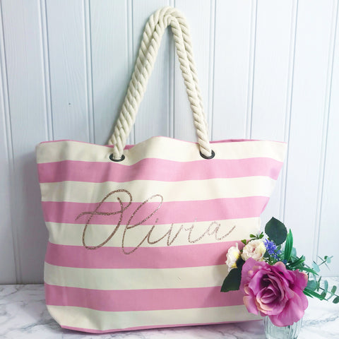 Personalised Pink Stripe Canvas and Rope Tote Beach Bag With Any Phrase/Name
