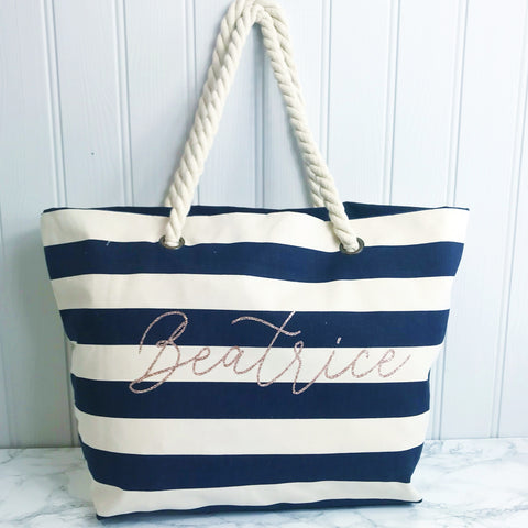 Personalised Navy Stripe Canvas and Rope Tote Beach Bag With Any Phrase/Name