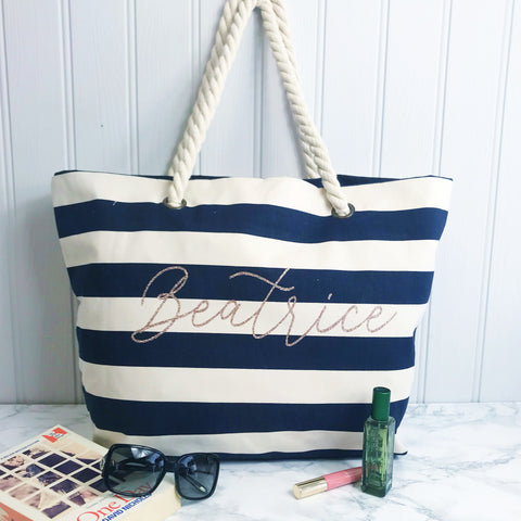 Personalised Navy Stripe Canvas and Rope Tote Beach Bag With Any Phrase/Name