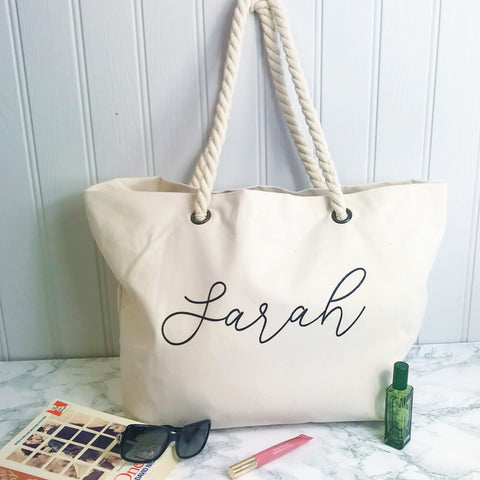 Personalised Natural Ivory Canvas and Rope Tote Beach Bag With Any Phrase/Name