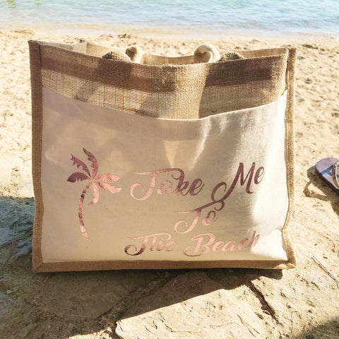 Take Me To The Beach - Jute and Canvas Tote Beach Bag With Any Phrase/Name