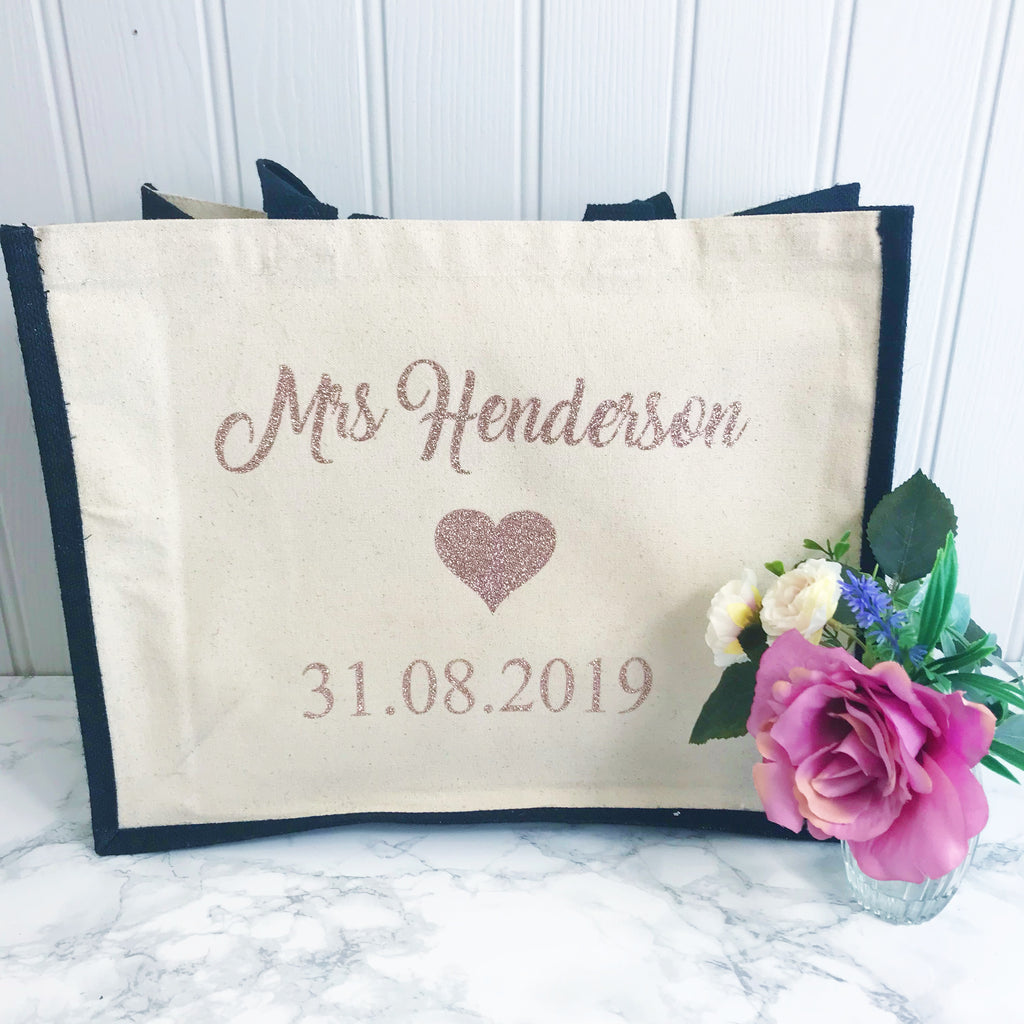 Bride to Be Personalised Wedding Jute and Canvas Tote Bag With