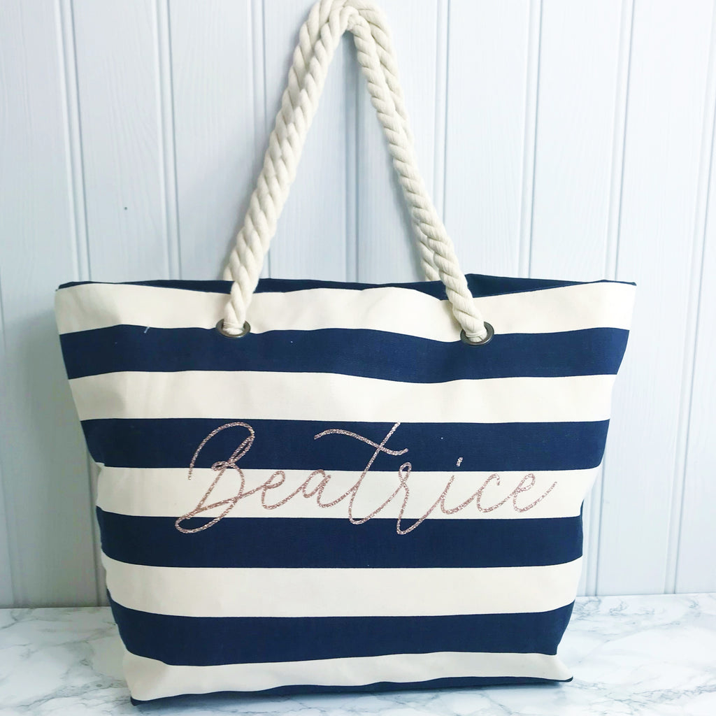 Personalised Navy Stripe Canvas and Rope Tote Beach Bag With Any Phras Candy Bows