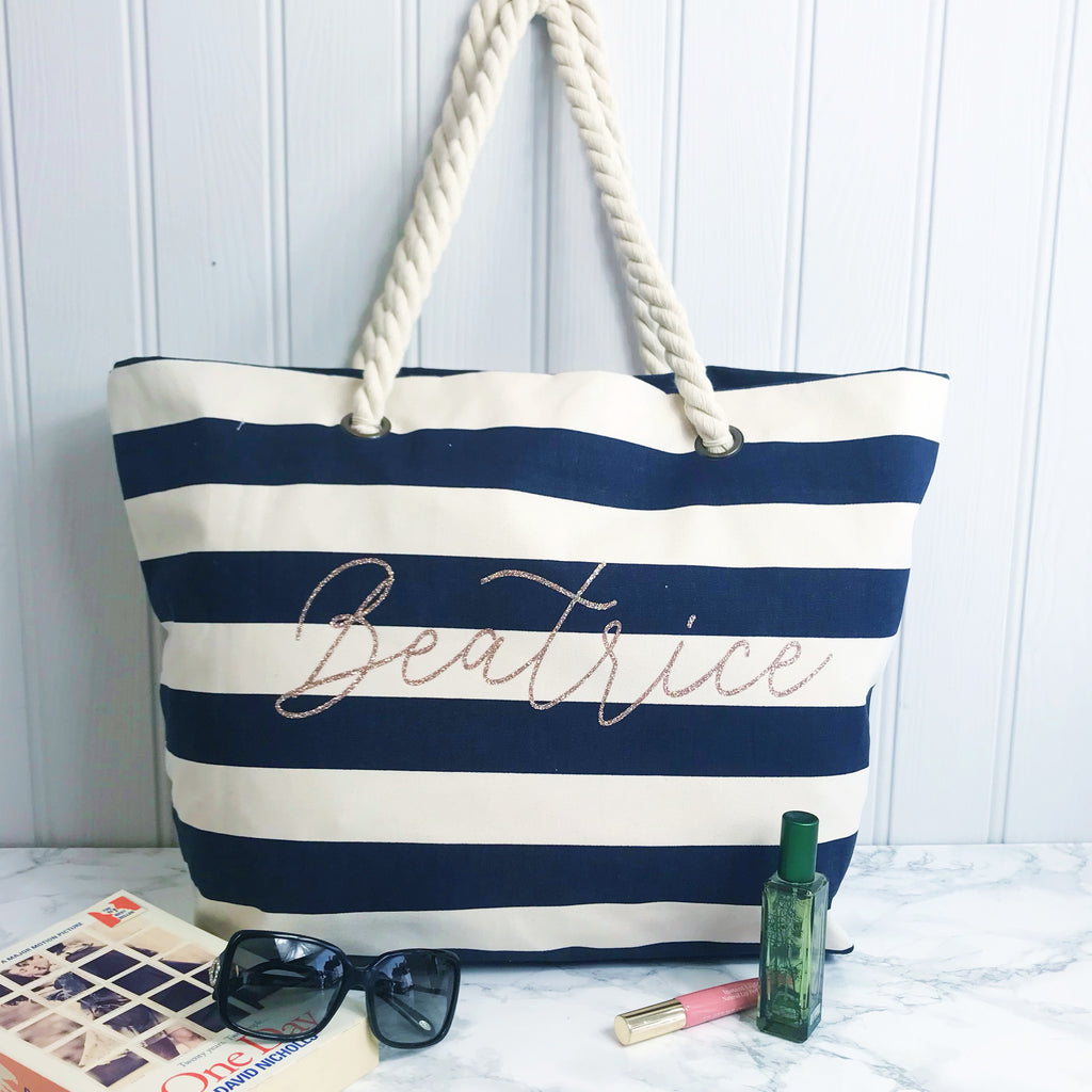 Personalised Navy Stripe Canvas and Rope Tote Beach Bag With Any Phrase Name