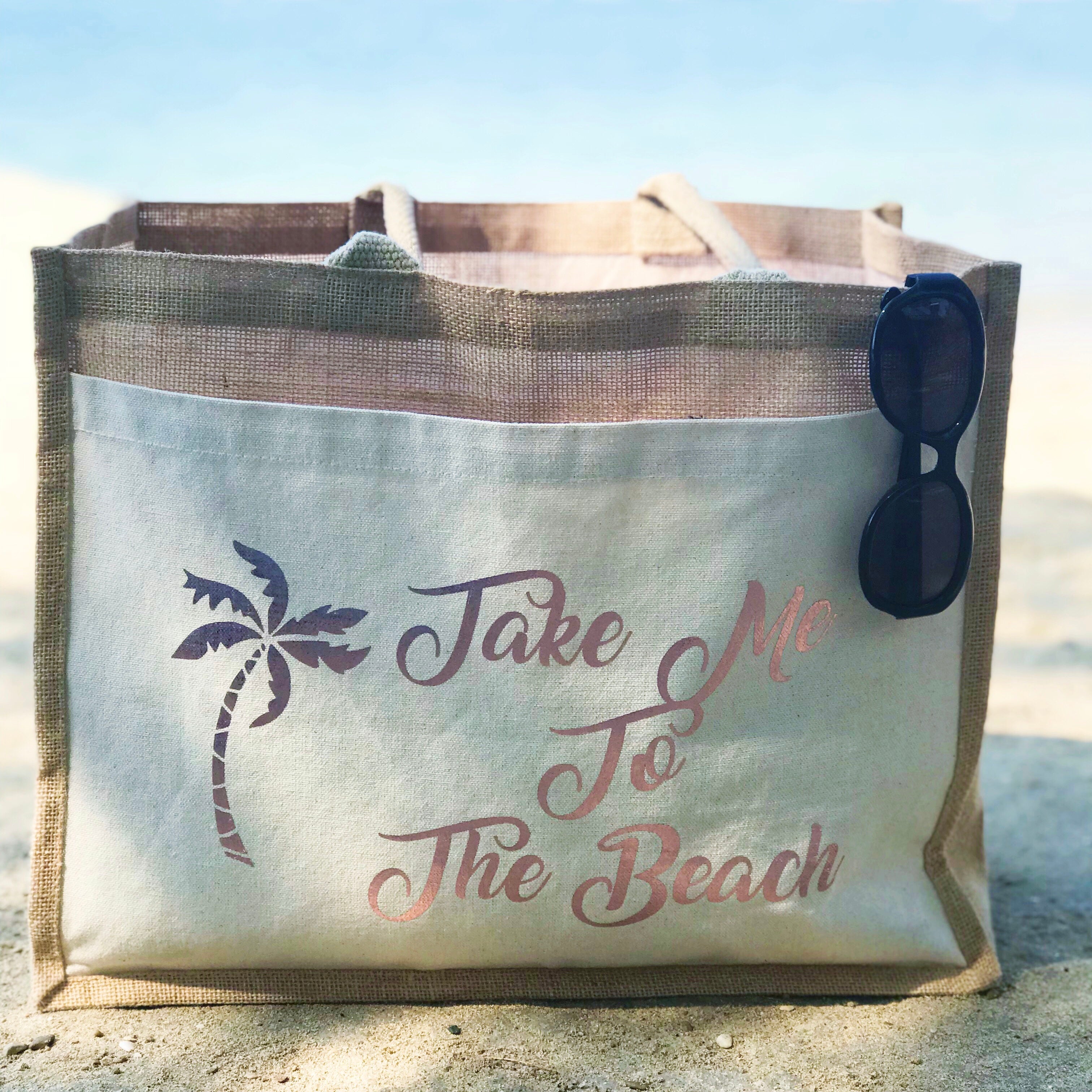 Take Me To The Beach Jute and Canvas Tote Beach Bag Personalised Candy Bows