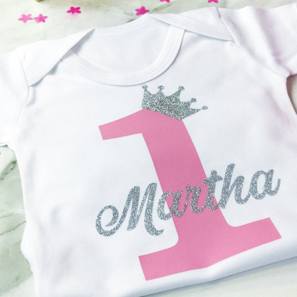 Baby Boy Girls Personalised First Birthday Crown Baby Grow Top