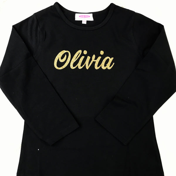 Girls Personalised Glitter Long Sleeve Black T Shirt