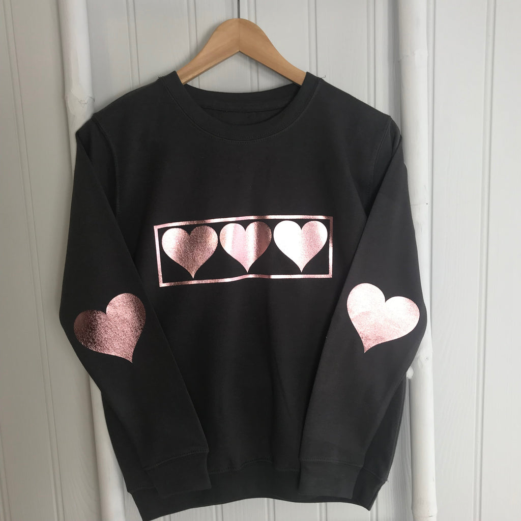 Girls Rose Gold LOVE HEART Design Long Sleeve Sweatshirt
