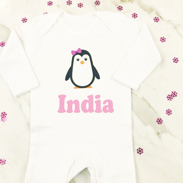Girls Christmas Eve Personalised Penelope Penguin Baby Romper Suit