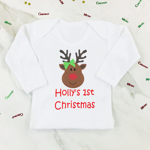 Personalised First Christmas Miss Rudolph Baby Grow or T Shirt for Girls