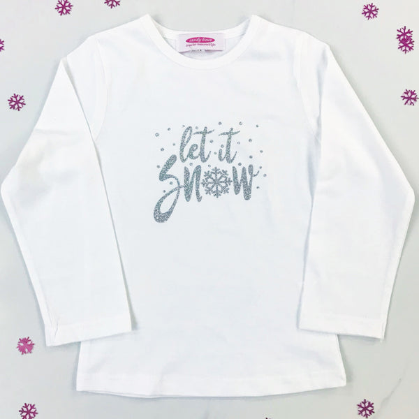 'Let it snow' Silver Sparkle Long Sleeve White T Shirt